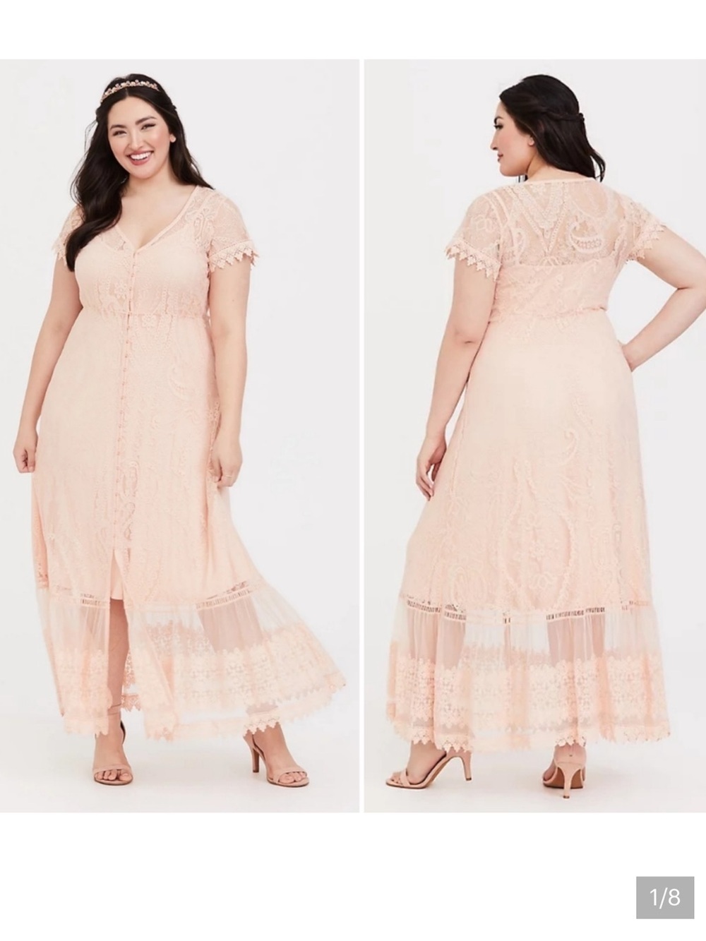 TORRID Peach Pink Lace Button Front Maxi Dress Sz 3 Boho Romantic Fairy Cottage